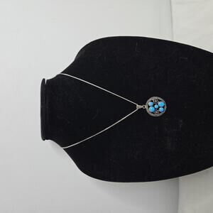 Sterling Silver Turquoise Pendant Necklace Marcasite Floral Round Vintage 925